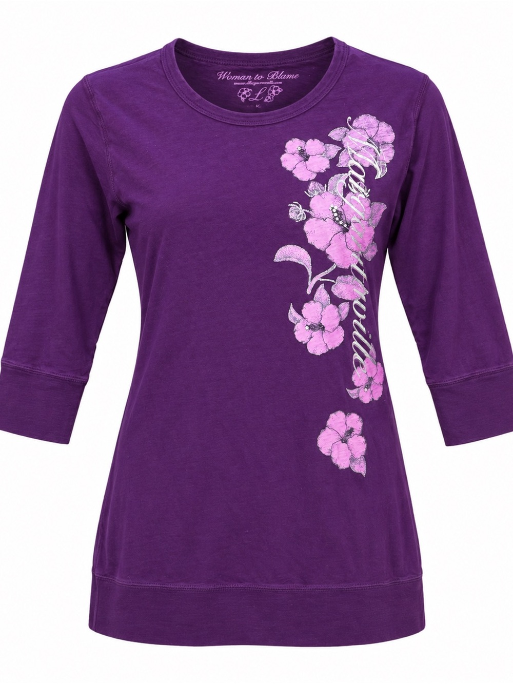Woman to Blame margaritaville Floral Graphic Tunic Rhinestone 3/4 Sleeve plum-LG